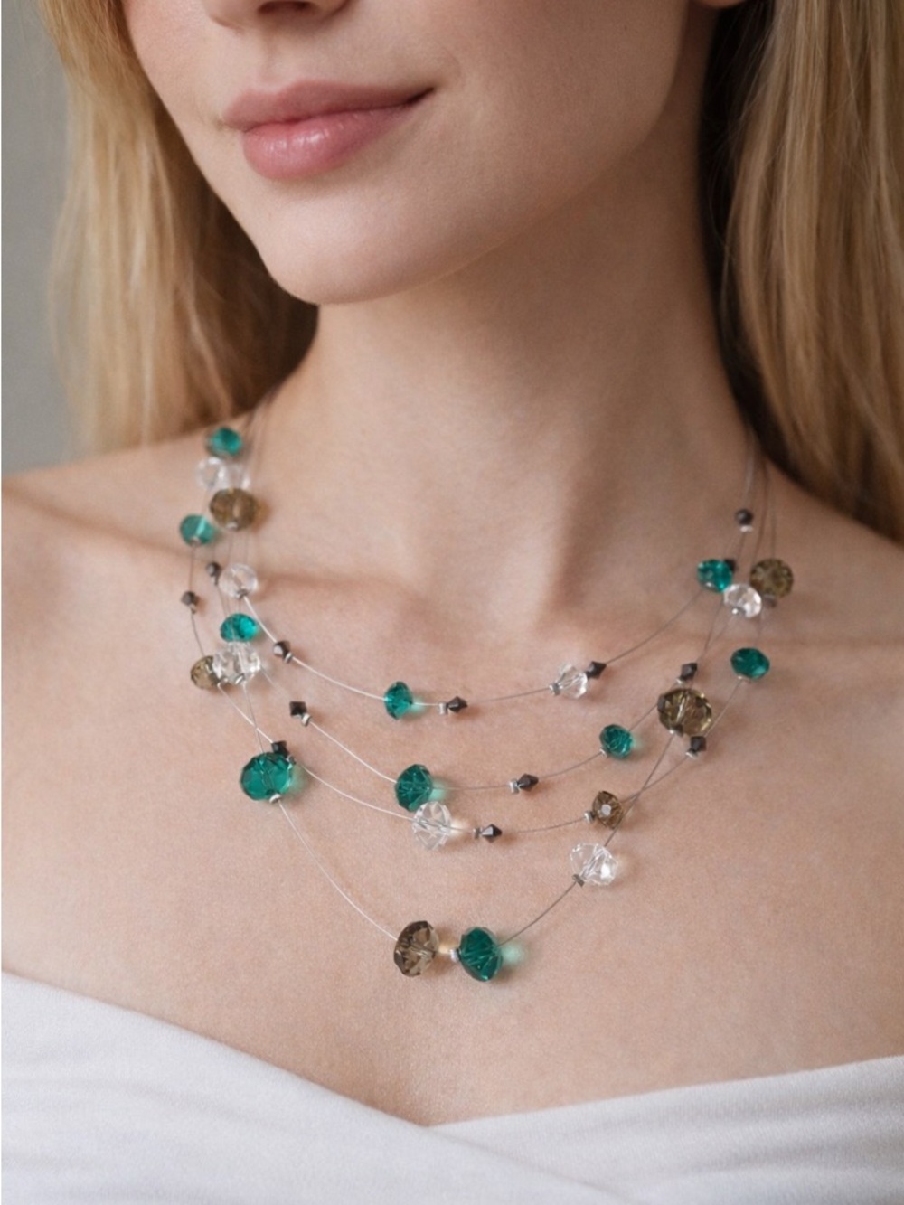 Y2K Multi Strand Beaded Necklace | Green & Crystal